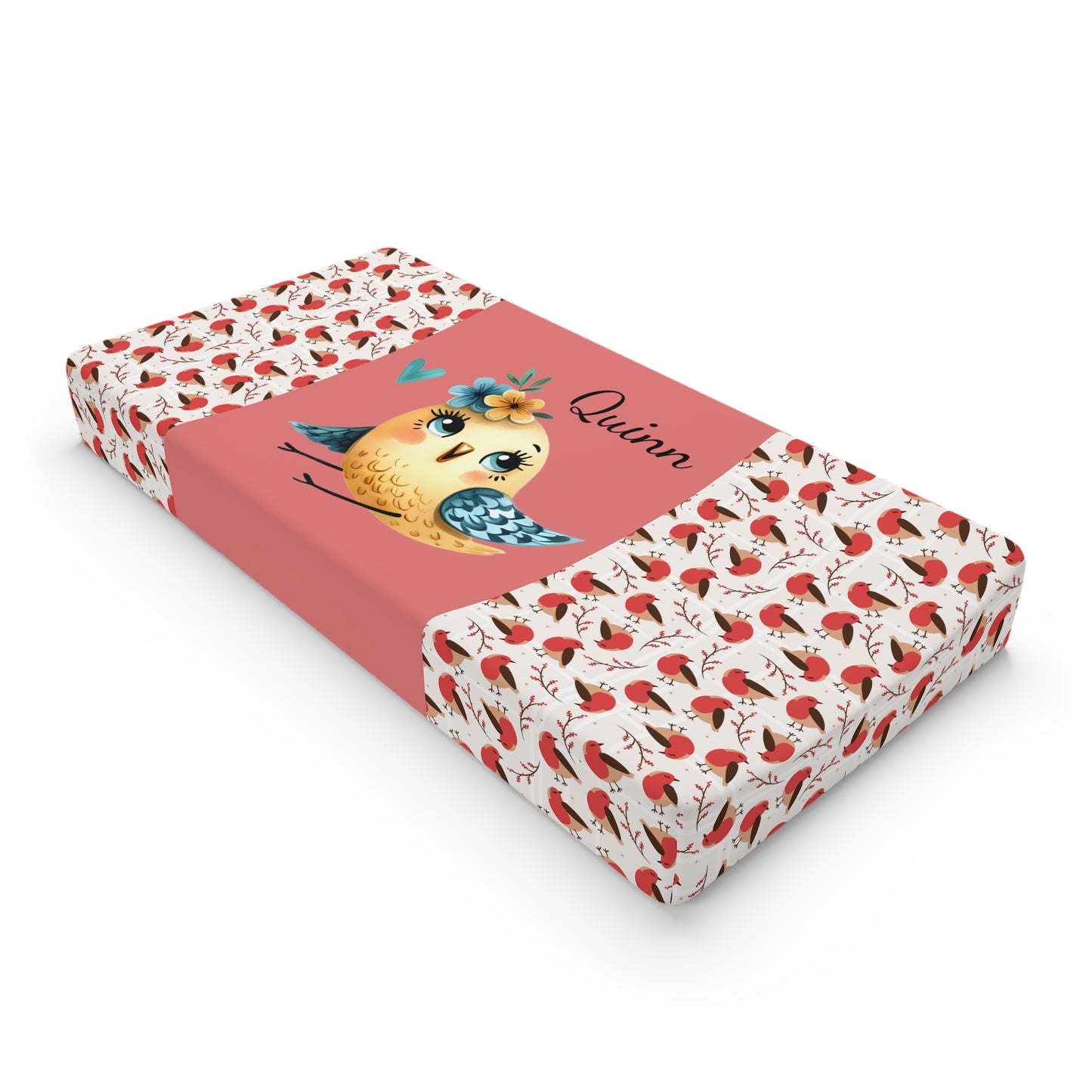 Baby Changing Pad Cover — Personalized Cute Bird Floral Design (Custom Name)