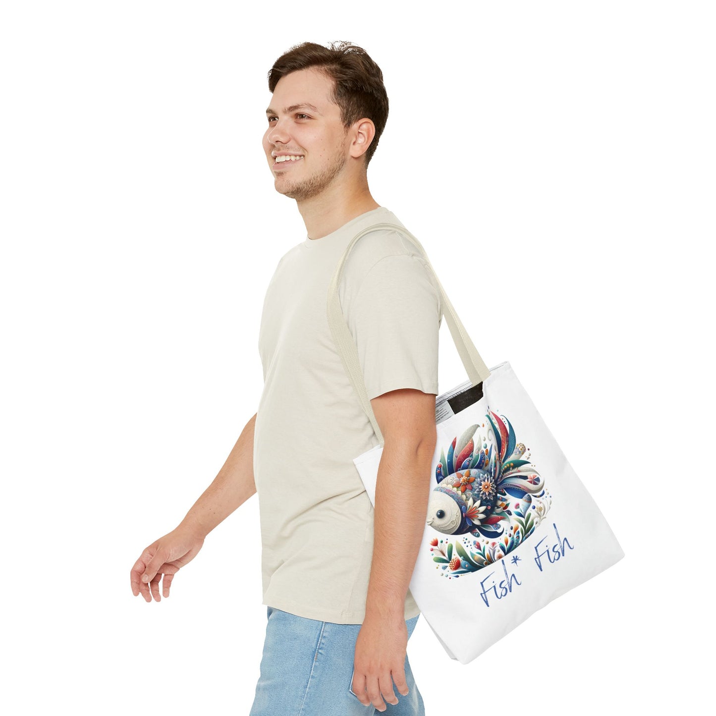 Floral Fish Tote Bag — Colorful Whimsical "Fish Fish" Canvas Tote