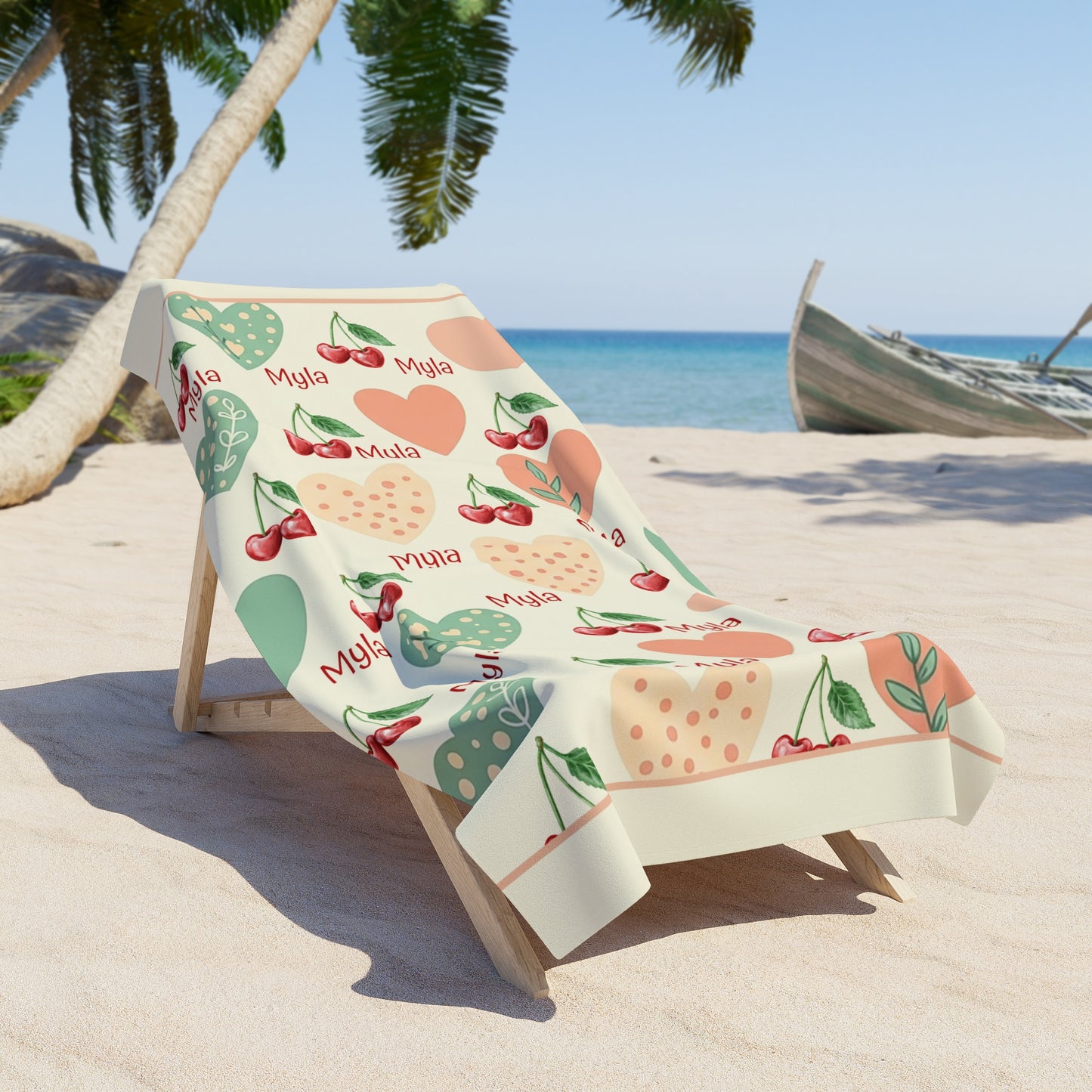 Personalized Cherry Heart Beach Towel — Custom Name "Myla" Pattern