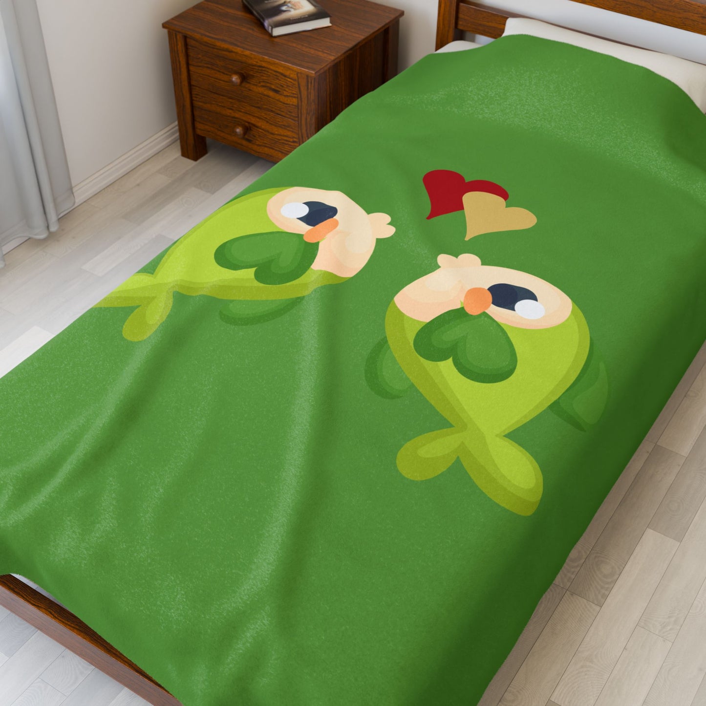 Two hearts float between the fish one red and one yellow Velveteen Plush Blanket