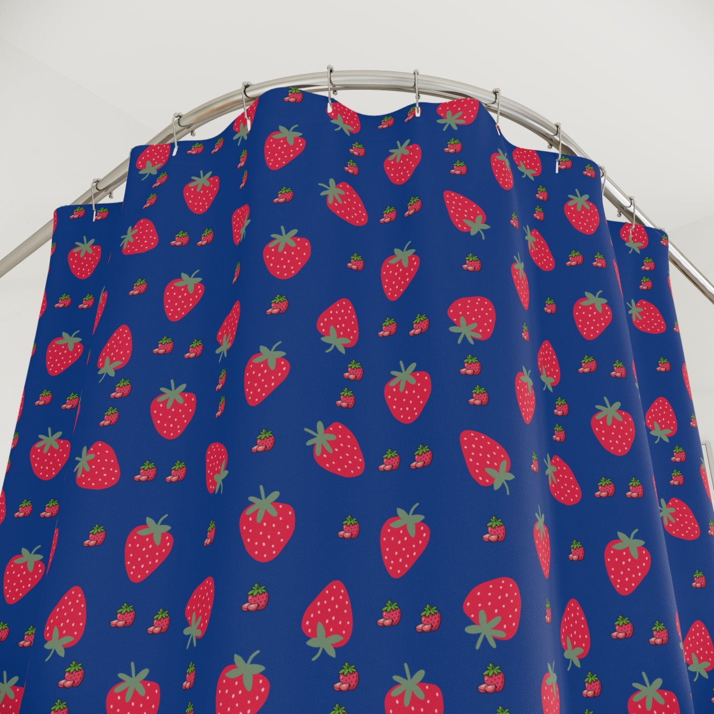 Strawberry Pattern Shower Curtain — Navy Blue Fruit Print Bathroom Decor