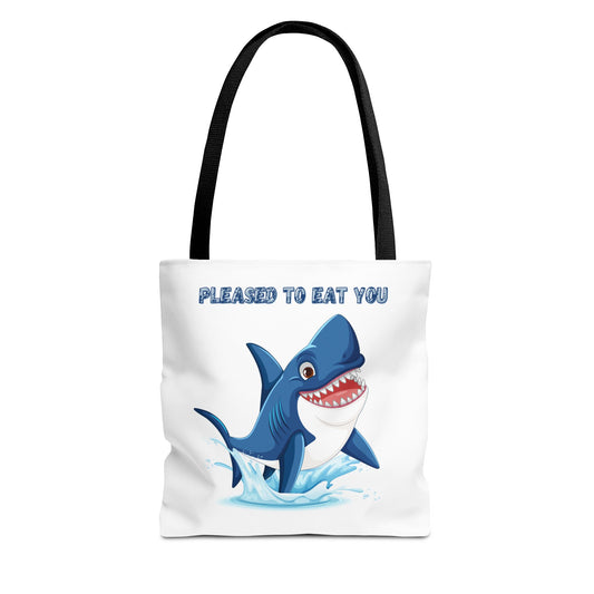 Humorous cartoon shark with threatening text Tote Bag