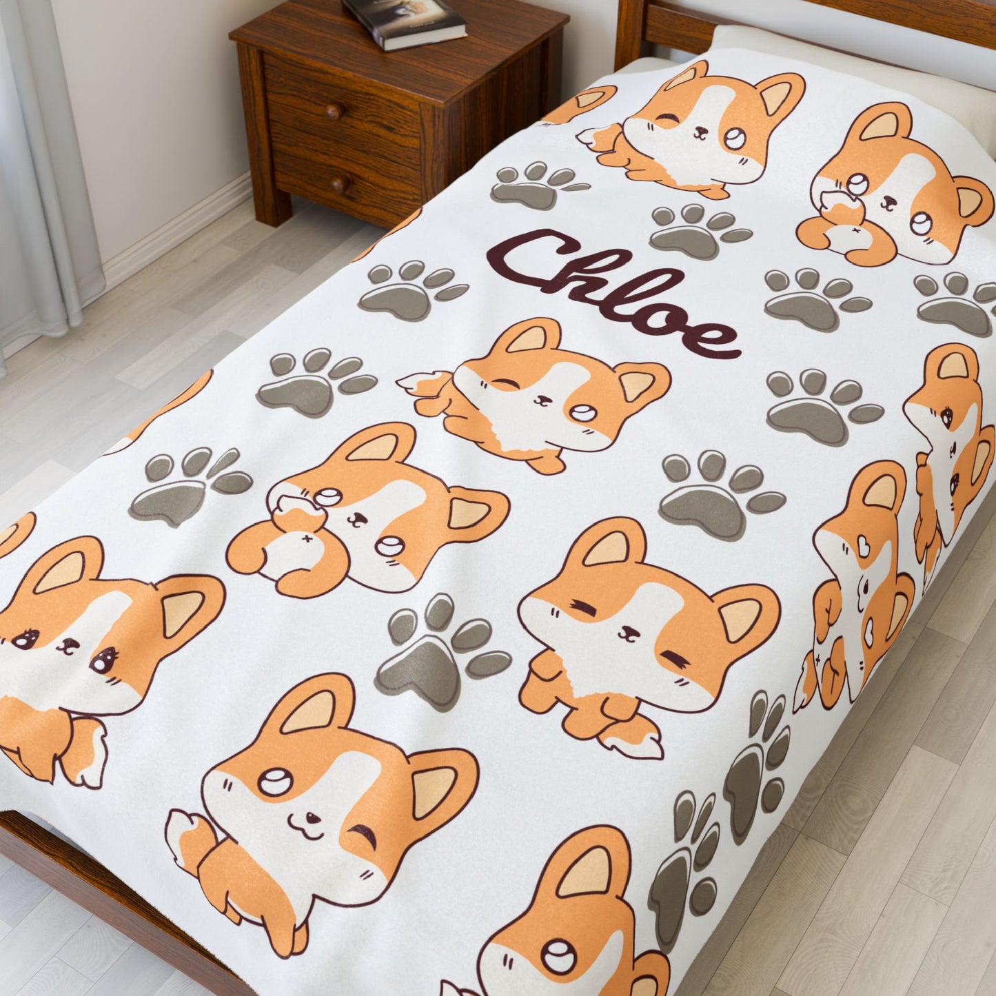 Personalized Velveteen Plush Blanket with Cute Corgis, Pet Lovers Gift, Cozy Home Decor, Kids Comfort Blanket, Custom Name Blanket