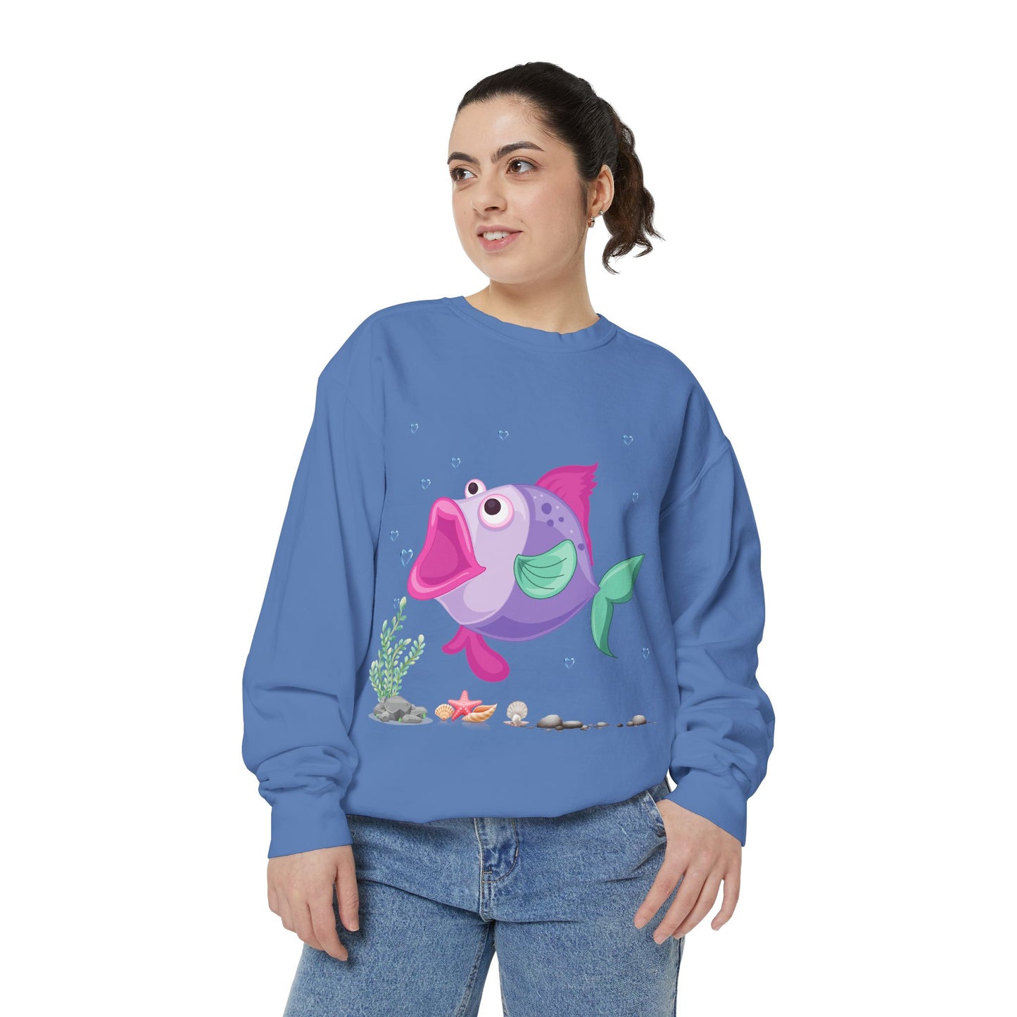 Fish with open mouth bubbles and underwater flora Unisex Garment-Dyed Sweatshirt