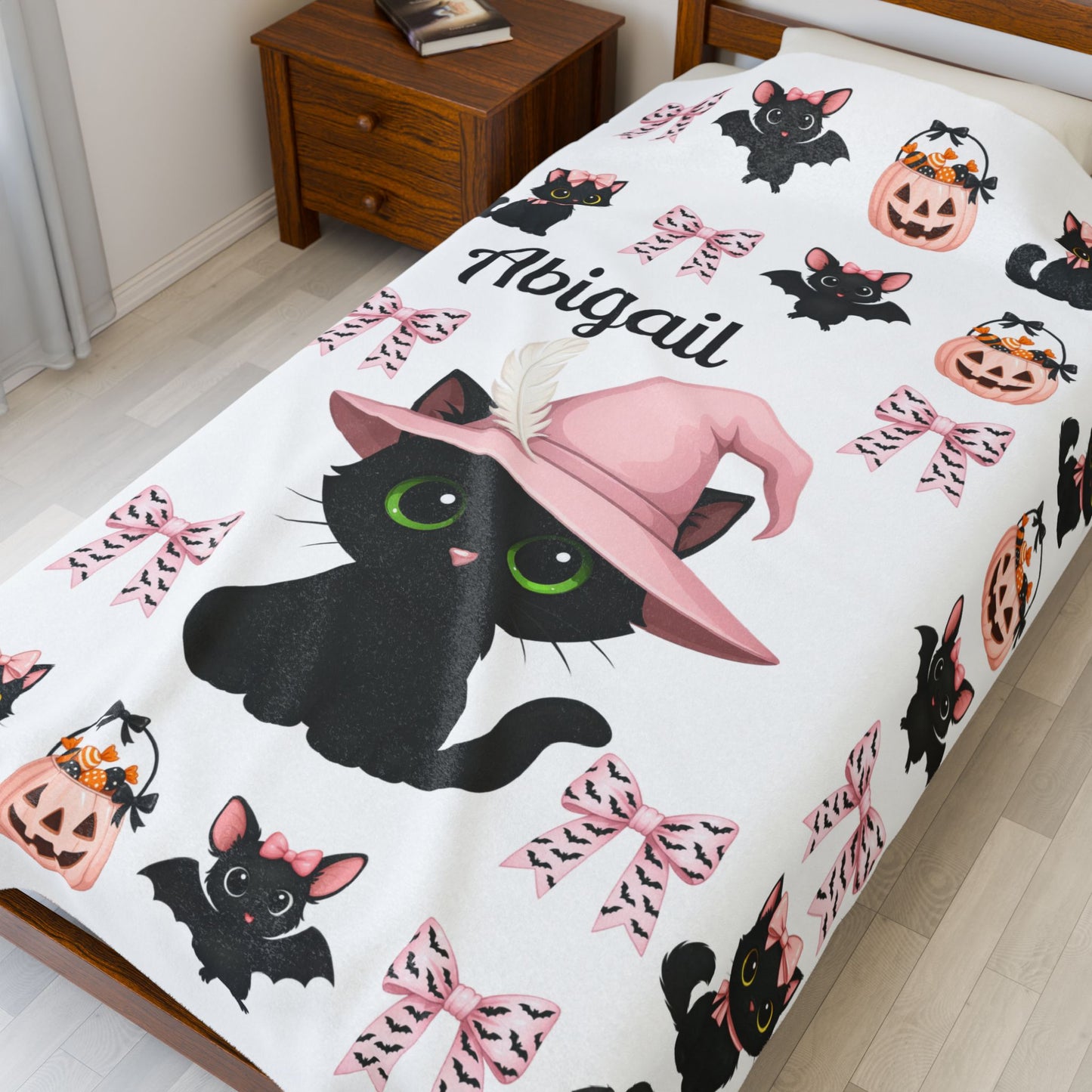 Personalized Halloween Plush Blanket, Custom Cat Blanket, Cozy Throw for Kids, Spooky Decor, Cute Gifts