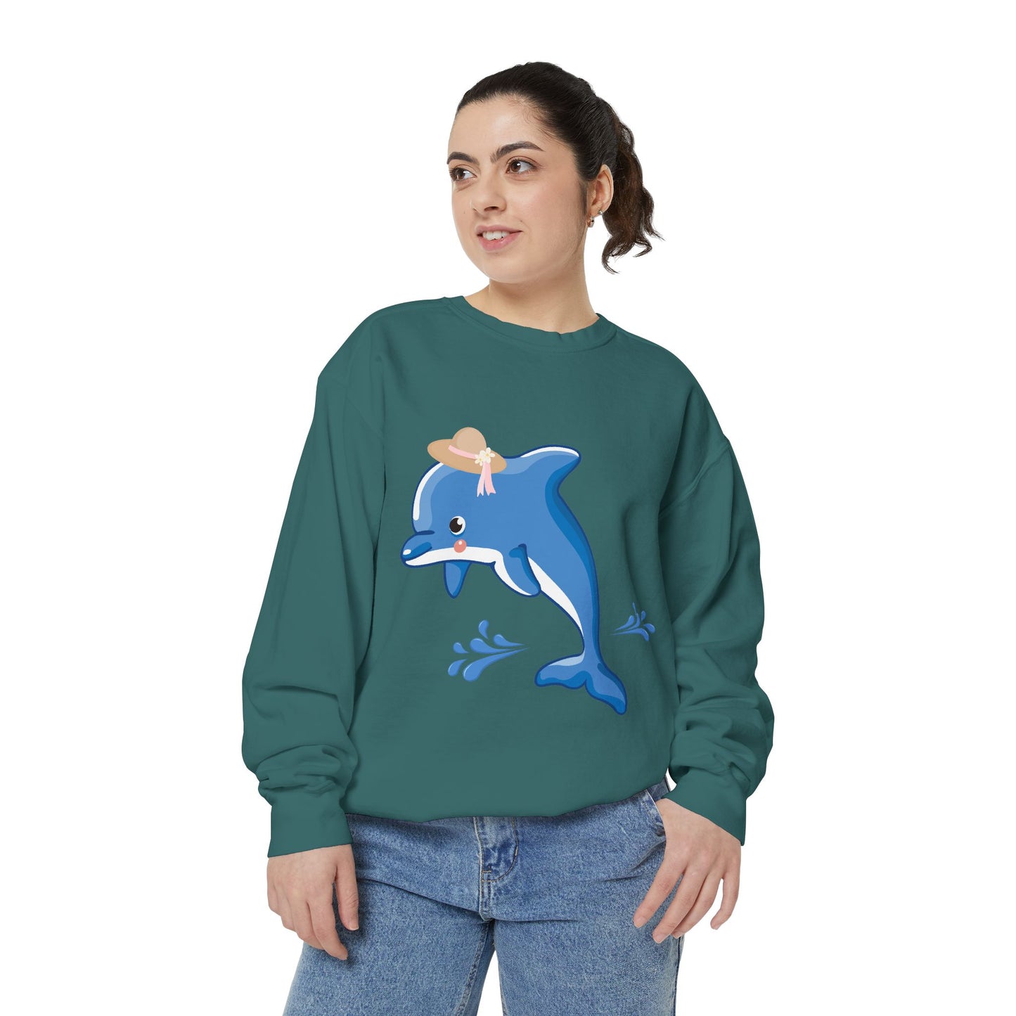 Dolphin wearing a straw hat with stylized water splashes Unisex Garment-Dyed Sweatshirt