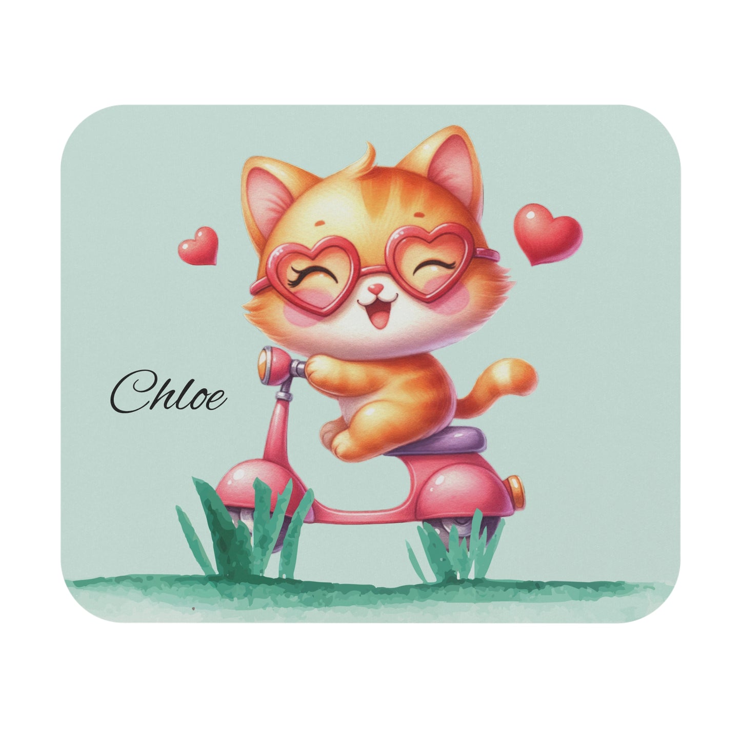 Cute Cat Scooter Personalized Mouse Pad — Custom Name 'Chloe'