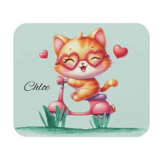 Cute Cat Scooter Personalized Mouse Pad — Custom Name 'Chloe'