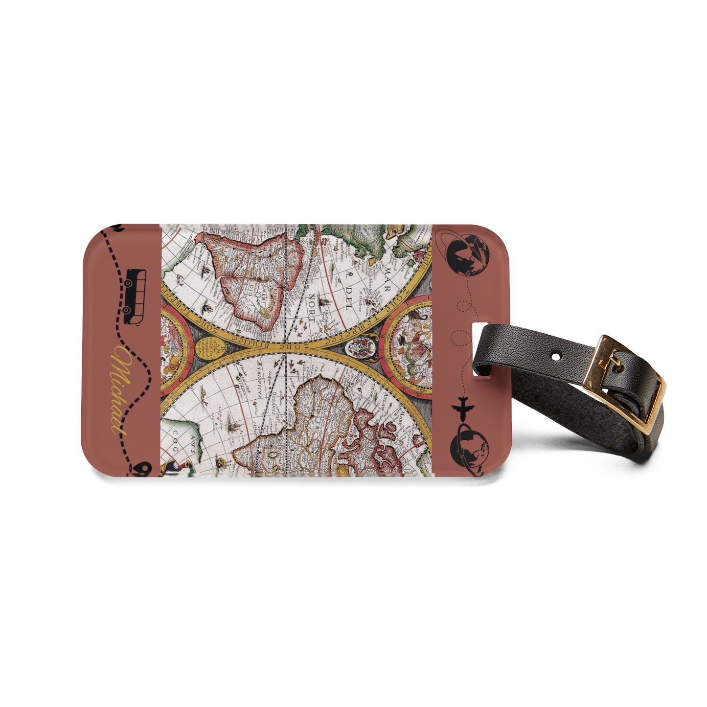 Vintage World Map Luggage Tag — Personalized Travel ID