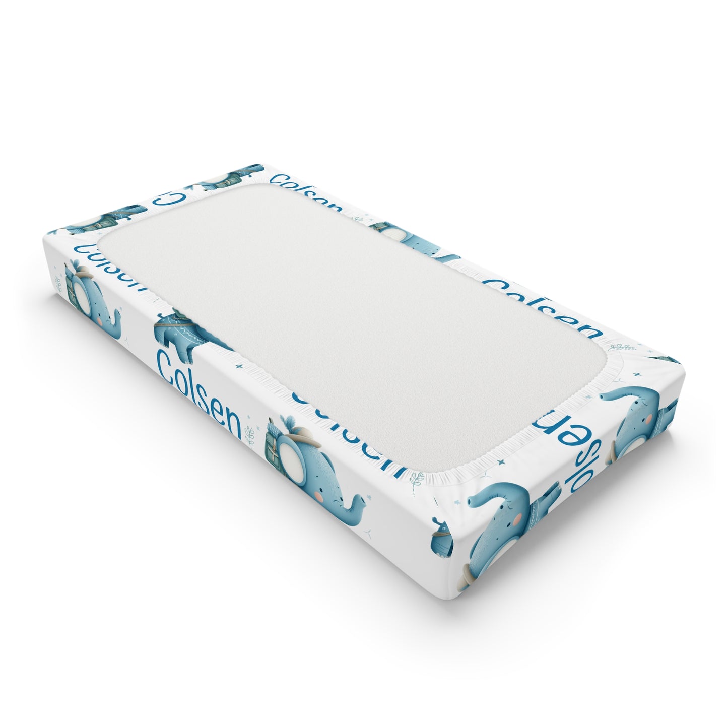Baby Changing Pad Cover — Personalized Blue Elephant Nursery Cover (Custom Name "Colsen")