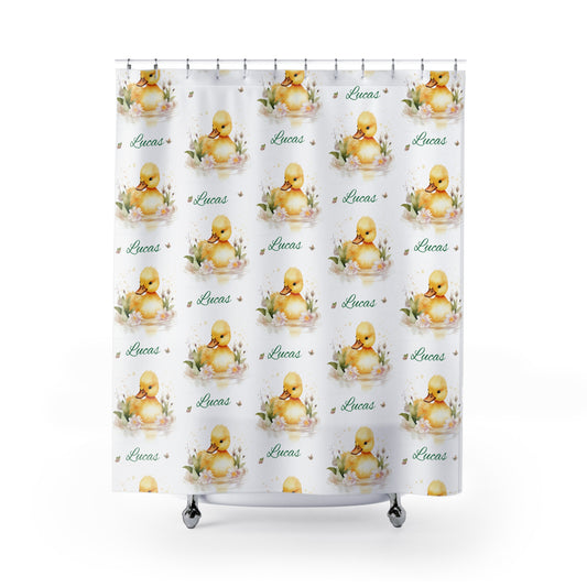 Duckling Name Shower Curtain — Personalized 'Lucas' Baby Floral Bath Decor