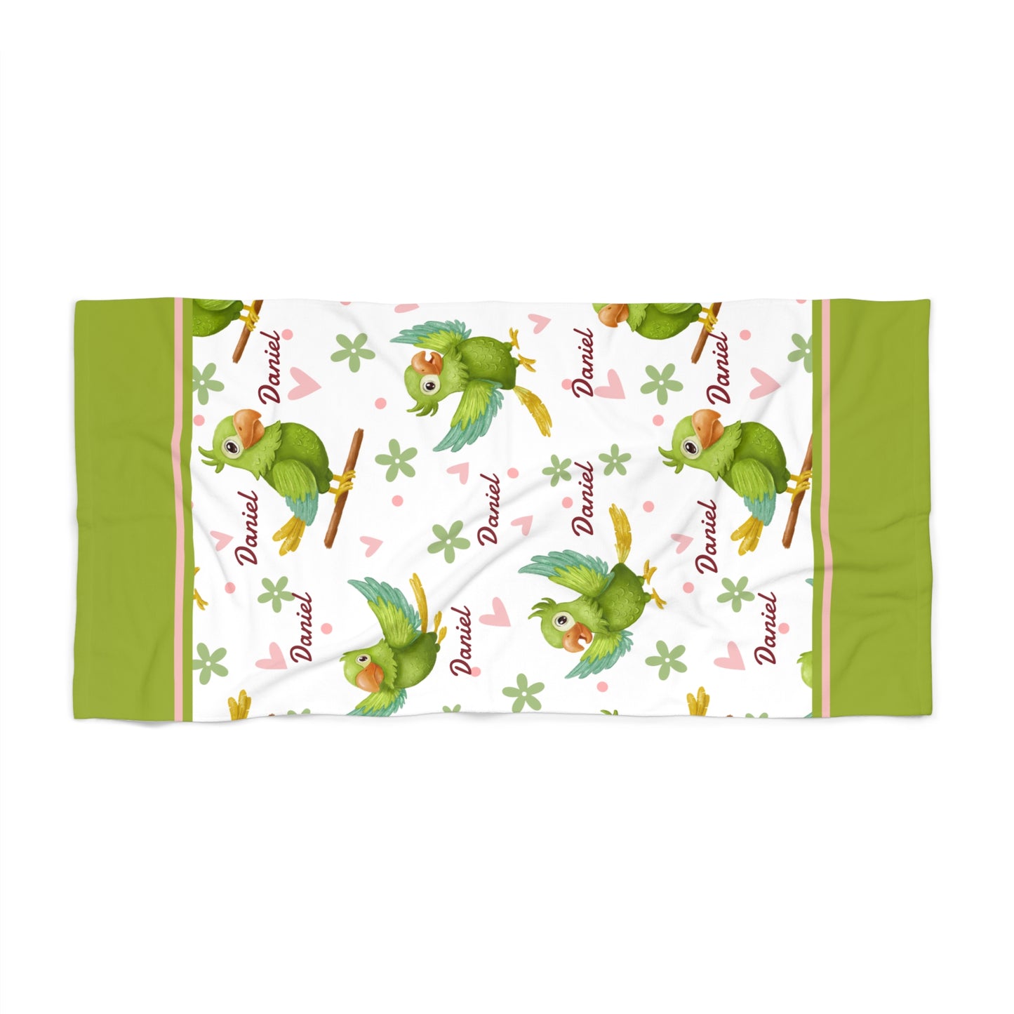Personalized Parrot Beach Towel – Tropical Green Bird Pattern (Custom Name)