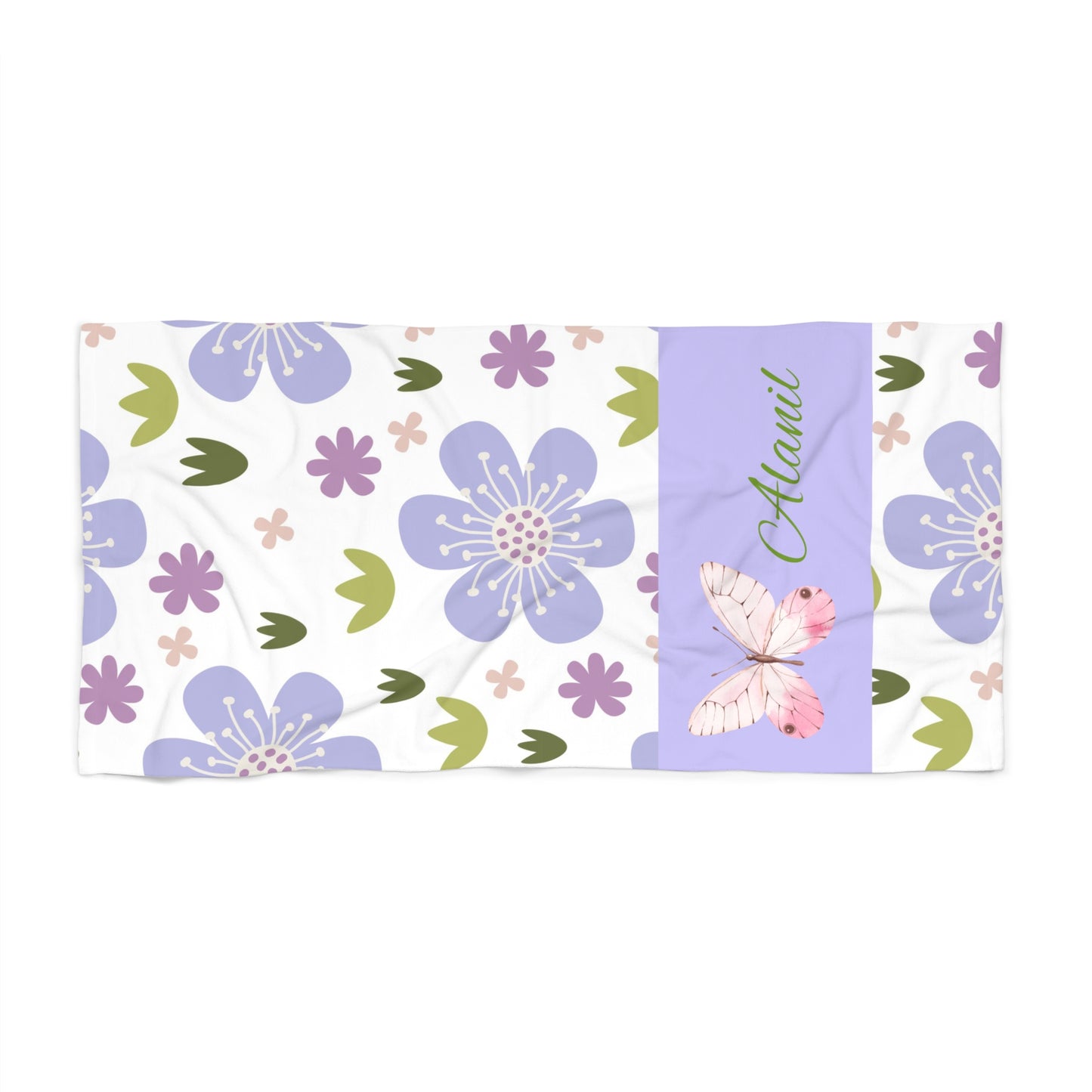 Personalized Floral Beach Towel — Lavender Hibiscus Pattern with Butterfly and Name