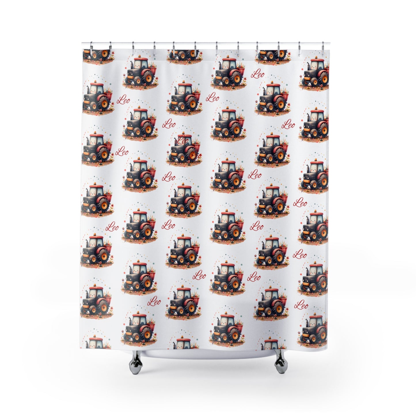 Tractor Shower Curtain — Cute Farm Kids Bathroom Decor with "Leo" Name Pattern