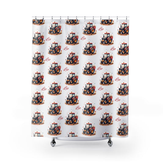 Tractor Shower Curtain — Cute Farm Kids Bathroom Decor with "Leo" Name Pattern