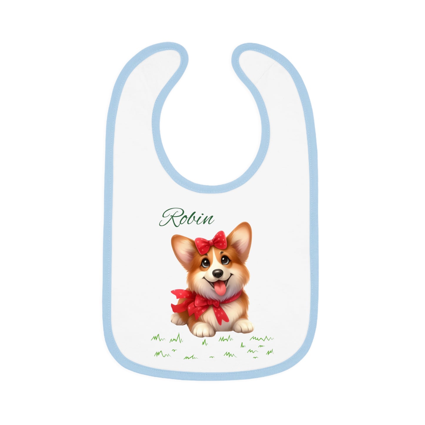 Personalized Corgi Baby Bib — Custom Name Contrast-Trim Jersey Bib