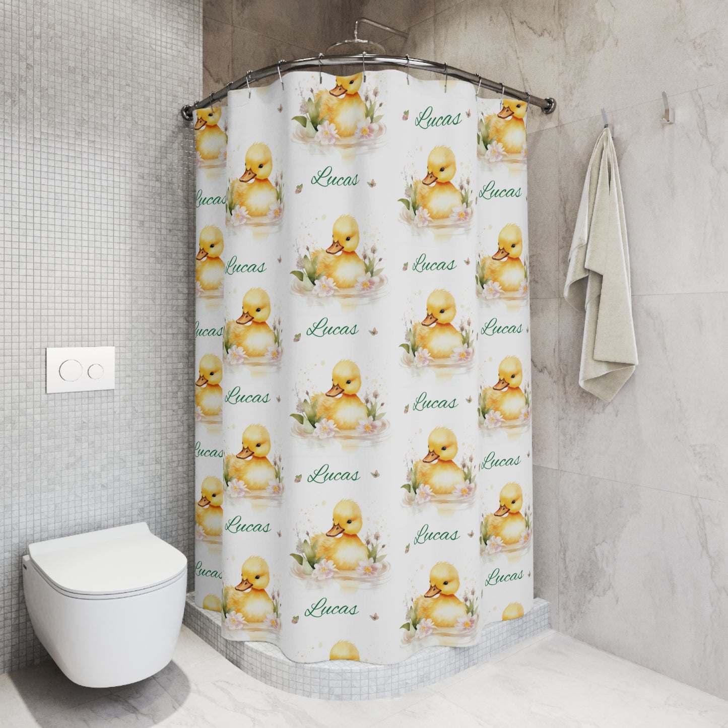 Duckling Name Shower Curtain — Personalized 'Lucas' Baby Floral Bath Decor