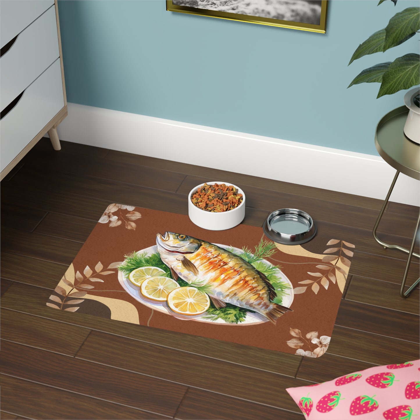 Fish Dinner Pet Food Mat (12x18) - Non-Slip Bowl Placemat with Lemon & Herb Design