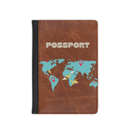 Vintage Leather Travel Passport Cover with World Map & 'POSSPORT' Design