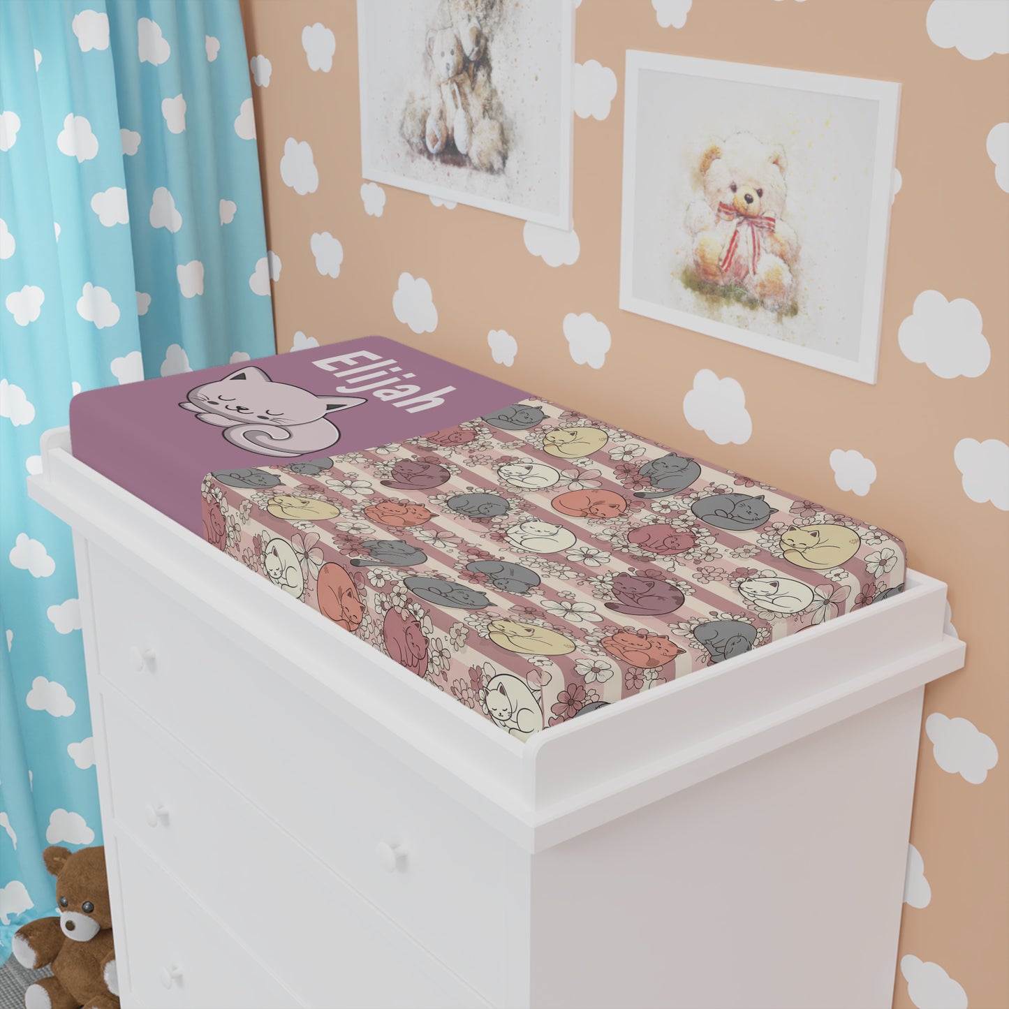 Personalized Cat Baby Changing Pad Cover – Floral Sleeping Kittens, Custom Name Option