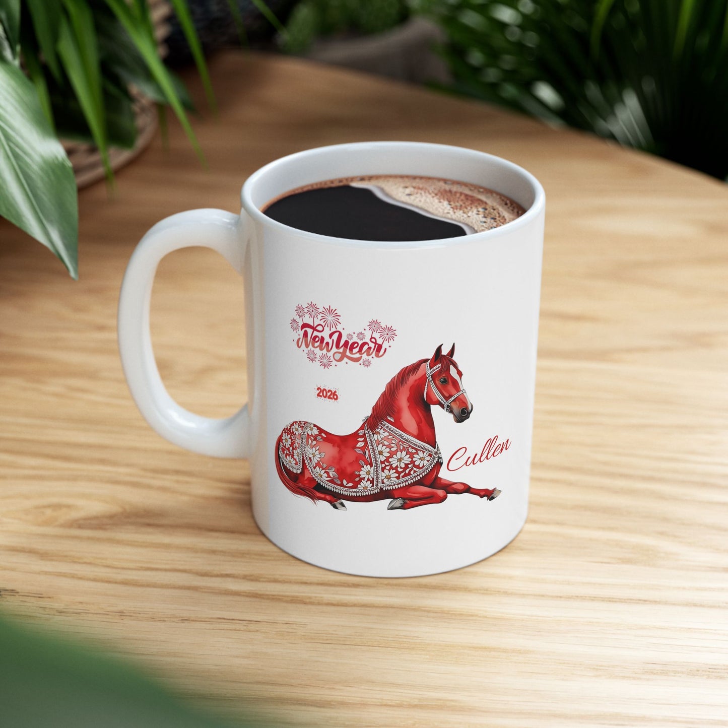 Personalized Red Horse Ceramic Mug — Floral Horse Illustration, Custom Name Option (11oz & 15oz)