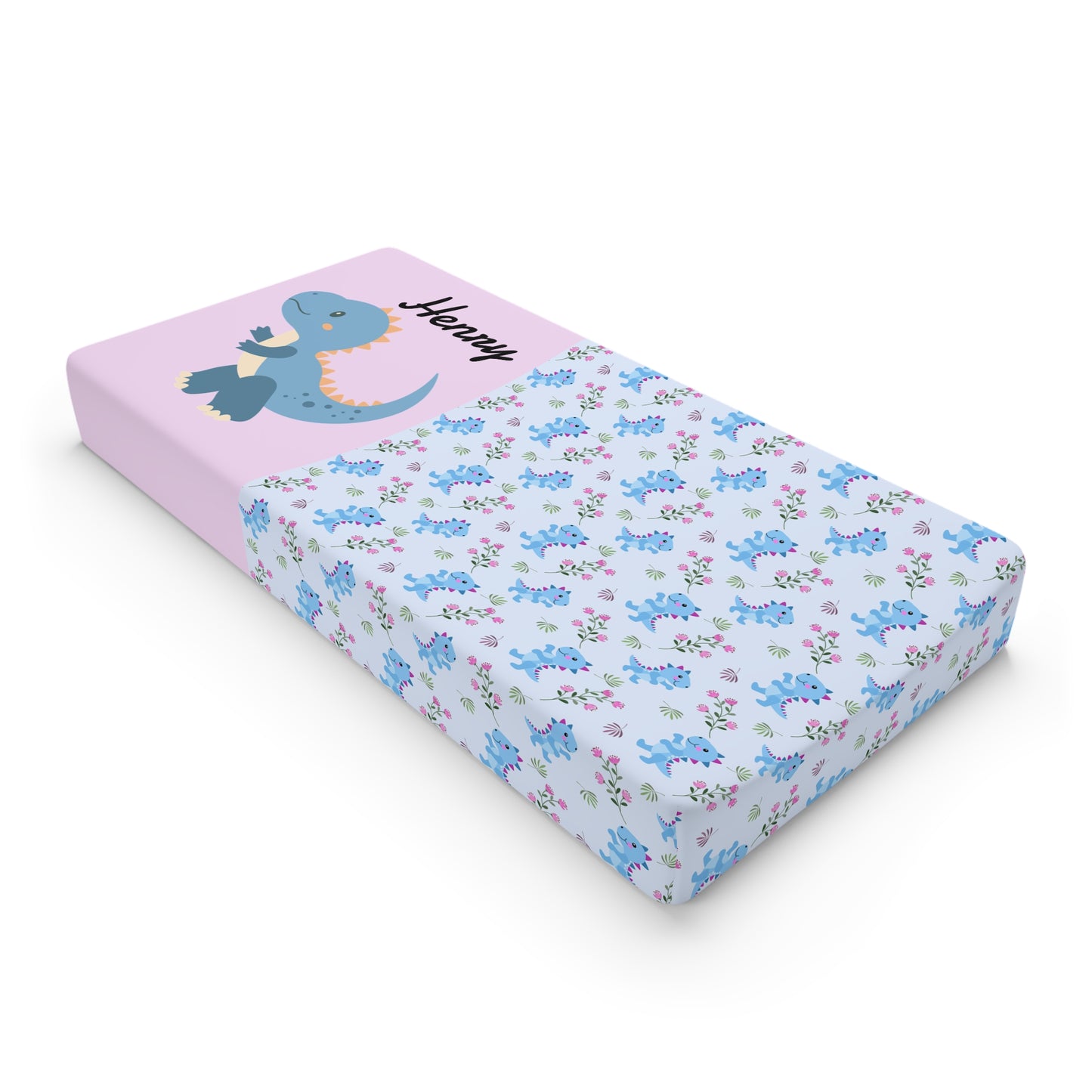 Floral Blue Dinosaur Baby Changing Pad Cover — Personalized Name Option
