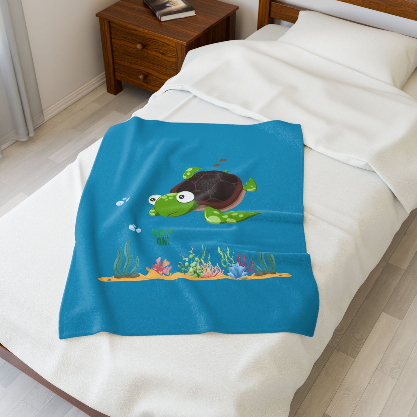 Turtle with seaweed and bubble Velveteen Plush Blanket