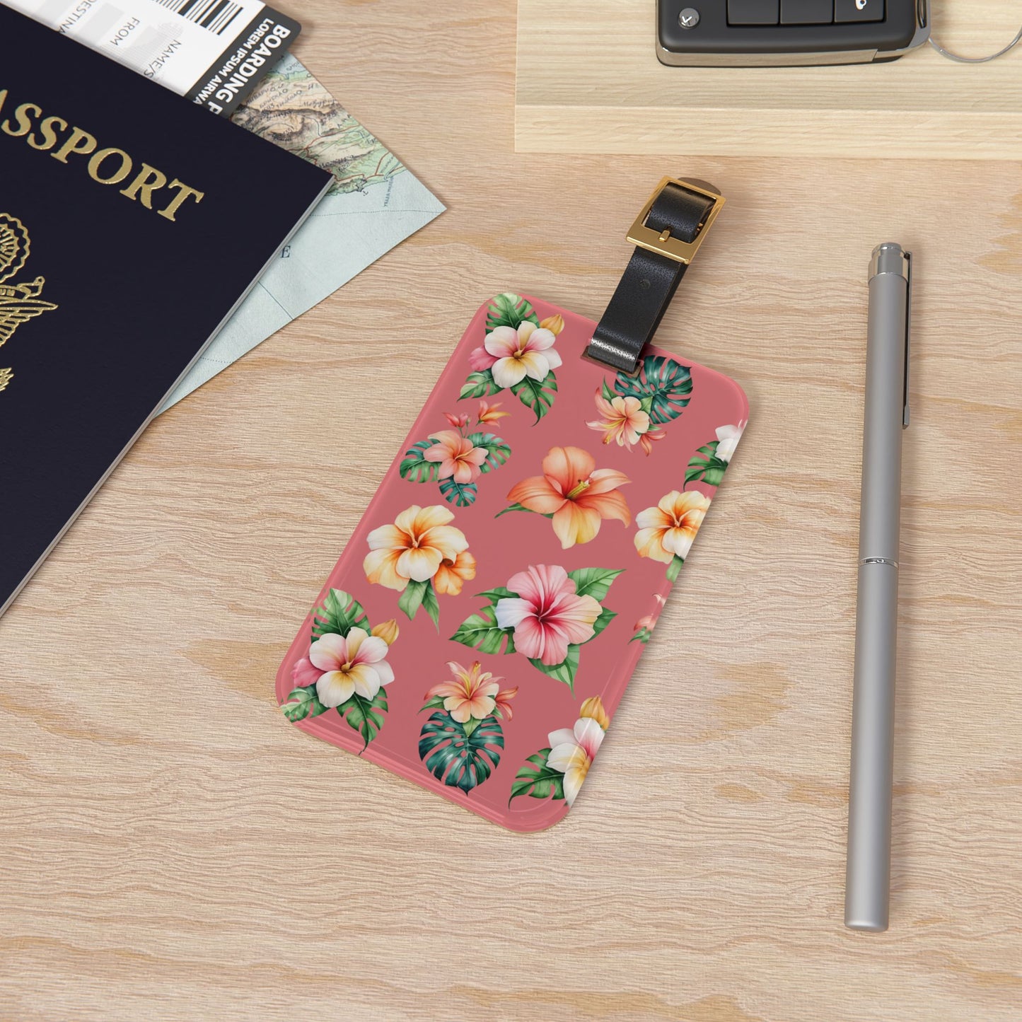 Floral Hibiscus Luggage Tag — Tropical Pink Suitcase Identifier
