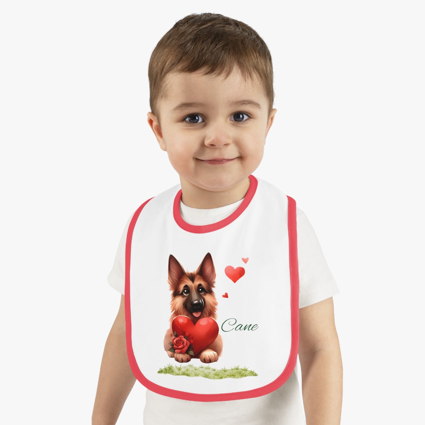 German Shepherd Baby Bib — Cute Puppy Holding Heart Valentine Infant Bib