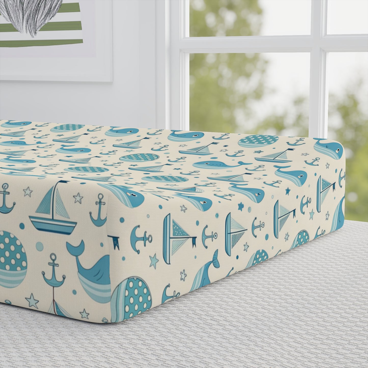 Baby Changing Pad Cover – Nautical Whale & Sailboat Pattern (Personalizable)