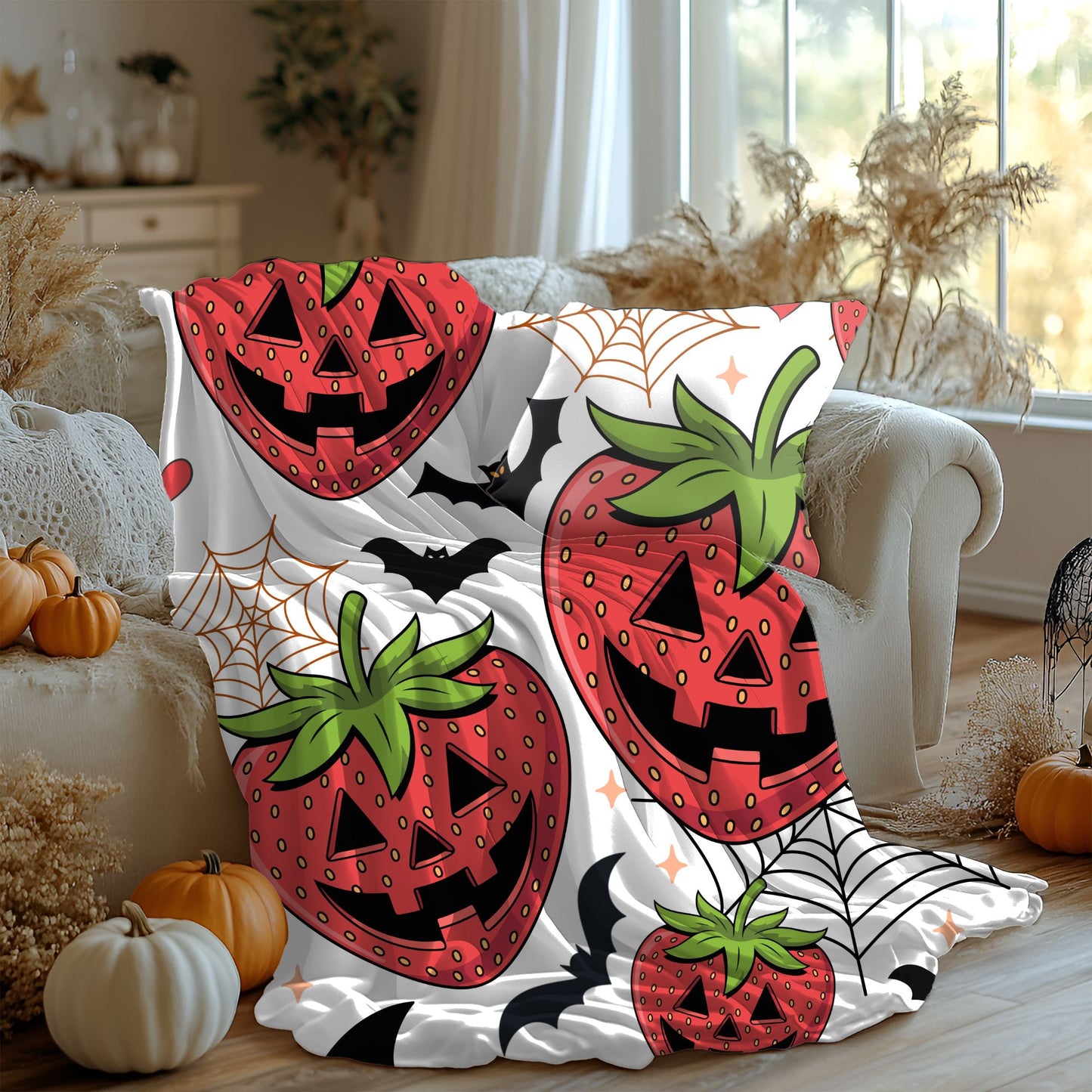 Halloween Strawberry Plush Blanket, Cozy Throw for Fall Decor, Cute Halloween Gift, Spooky Seasonal Blanket, Warm Home Accessory