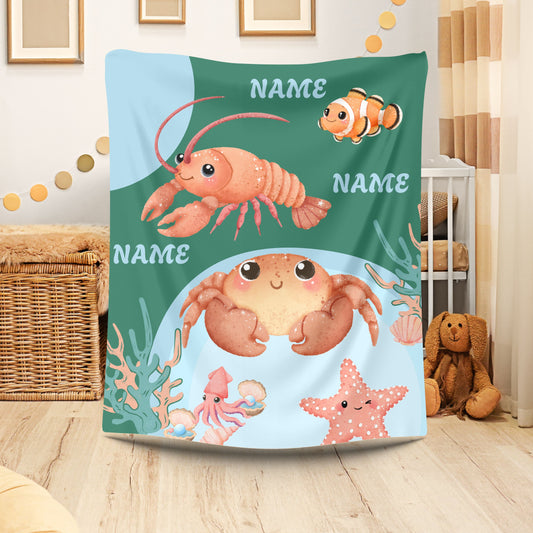 Personalized Ocean-Themed Velveteen Plush Blanket, Kids Beach Decor, Custom Name Gift, Nursery Room Accessories, Sea Life Throw
