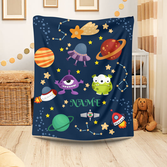 Cosmic Monsters Plush Blanket, Personalized Space Blanket, Kids Bedroom Decor, Gift for Space Lovers, Soft and Cozy Throw