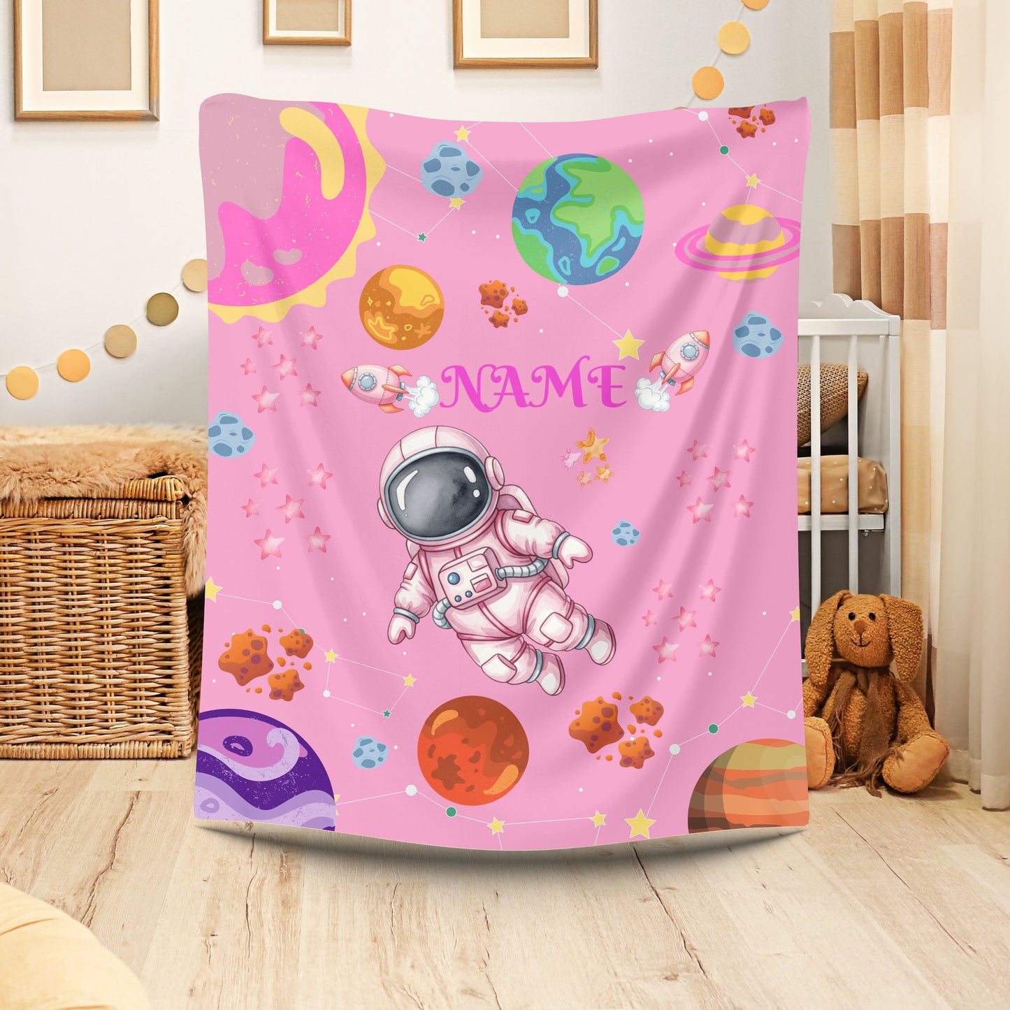 Cozy Astronaut Velveteen Blanket for Kids, Personalized Space Rocket Throw for Nursery, Gifts for Birthdays, Baby Showers, and Holidays