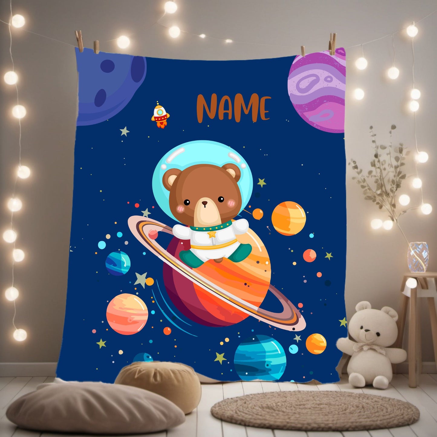 Space-Themed Velveteen Plush Blanket for Kids, Cozy Planet Bear Blanket, Personalized Children's Blanket, Great Gift for Baby Showers, [...]