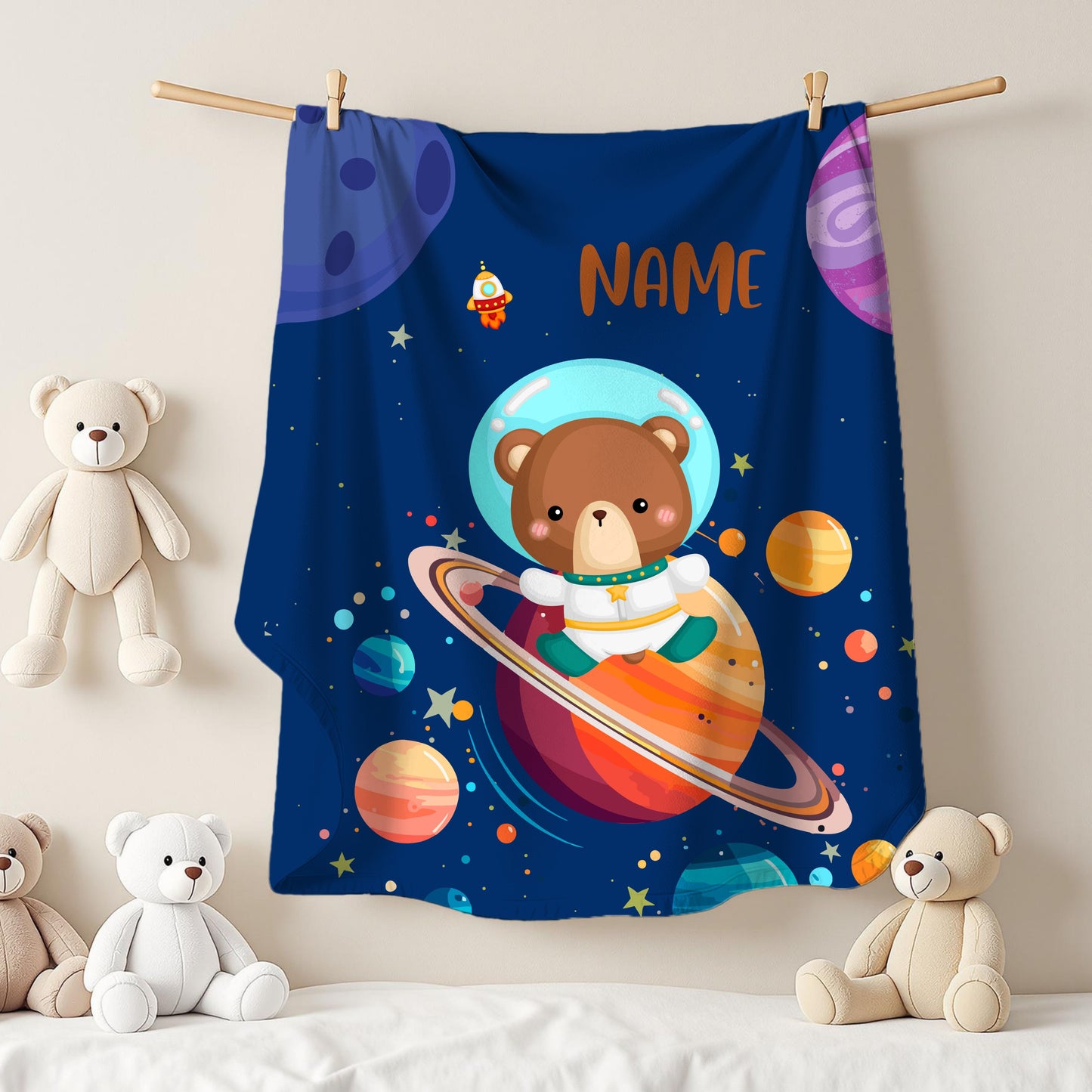 Space-Themed Velveteen Plush Blanket for Kids, Cozy Planet Bear Blanket, Personalized Children's Blanket, Great Gift for Baby Showers, [...]