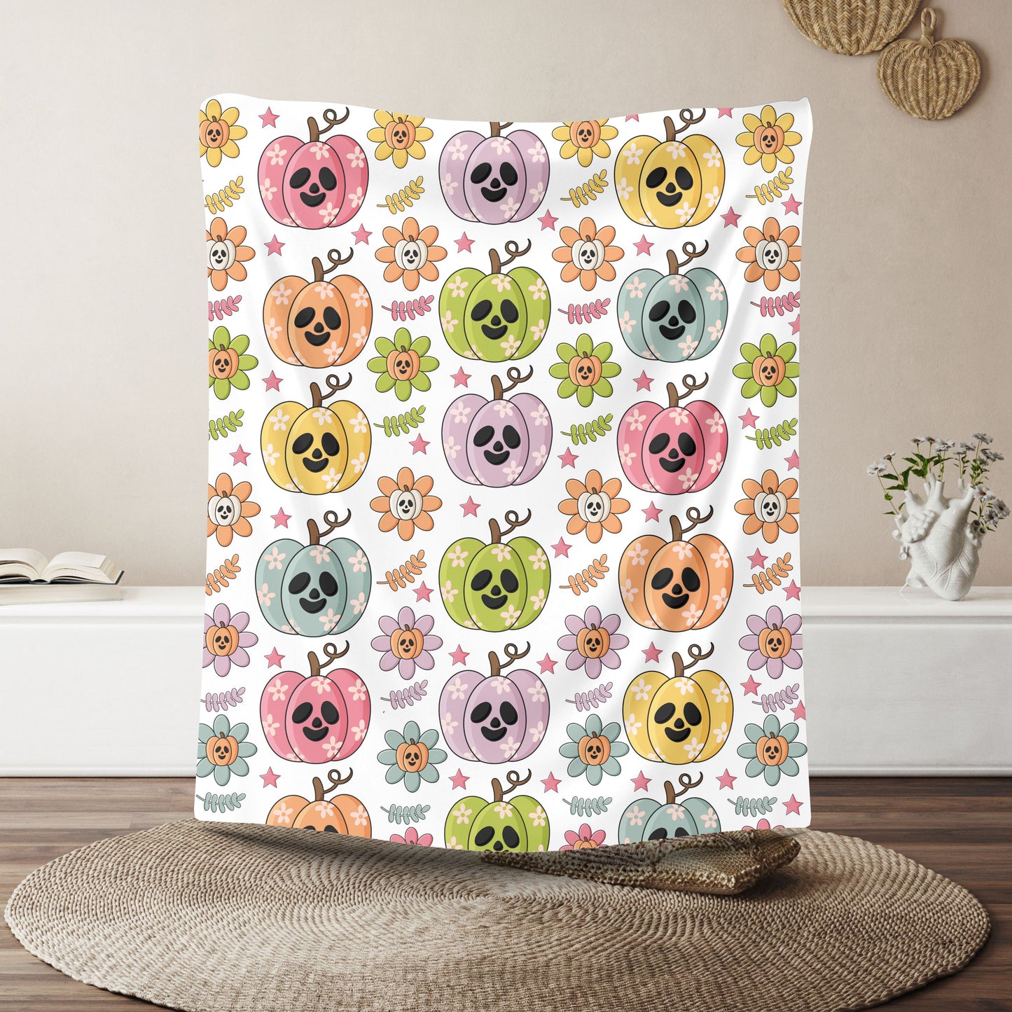 Colorful Pumpkin Plush Blanket, Cozy Fall Blanket, Halloween Decor, Cute Plush Throw, Autumn Gift Idea