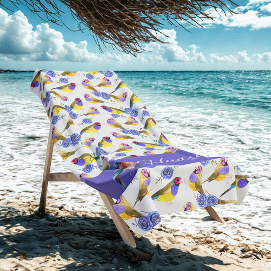 Personalized Tropical Bird Beach Towel – Custom Name Watercolor Finch Pattern