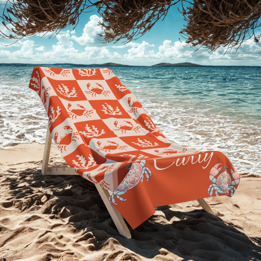 Personalized Coastal Crab Beach Towel — Nautical Orange Plaid Design