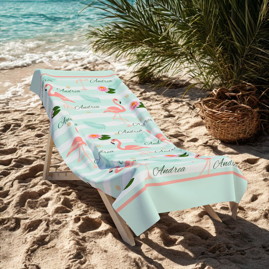 Personalized Flamingo Beach Towel — Mint Stripes, Tropical Flowers