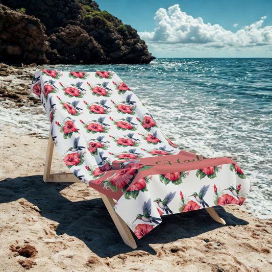 Personalized Floral Hummingbird Beach Towel — Custom Name (e.g., Hailey)