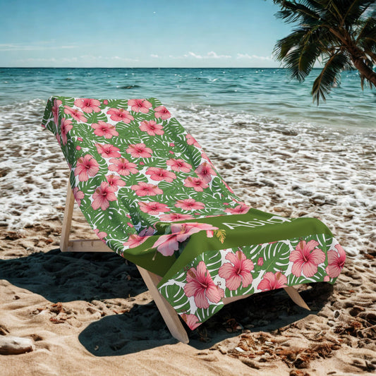 Personalized Floral Beach Towel — Tropical Hibiscus Pattern with Name (e.g., Abigail)