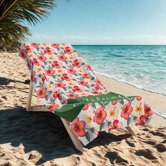 Personalized Floral Beach Towel — Tropical Hibiscus Print with Name Strip