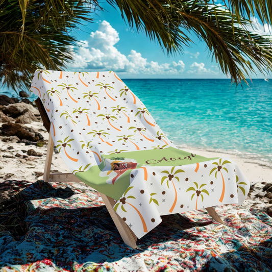 Beach Towel - Personalized Tropical Palm Pattern with Hula Girl (Custom Name)