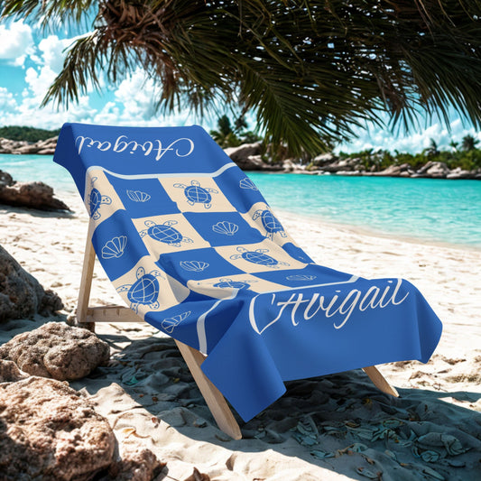 Personalized Abigail Beach Towel – Nautical Sea Turtle & Shell Checkerboard