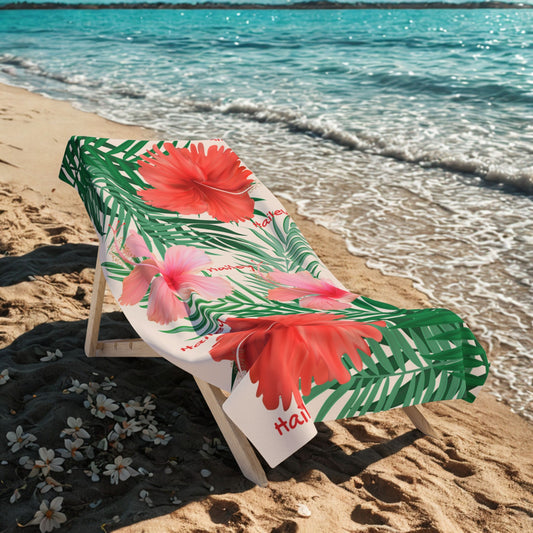 Tropical Hibiscus Beach Towel – Pink & Red Floral Palm Leaves