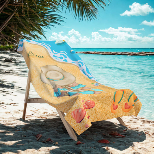 Personalized Beach Towel – Woman in Sun Hat Design (Custom Name)
