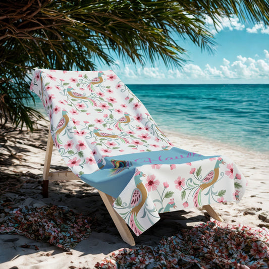 Personalized Floral Peacock Beach Towel — Custom Name Tropical Pool Towel