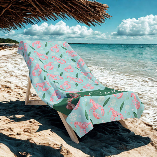 Personalized Flamingo Beach Towel - Custom Name Tropical Lobster Pattern