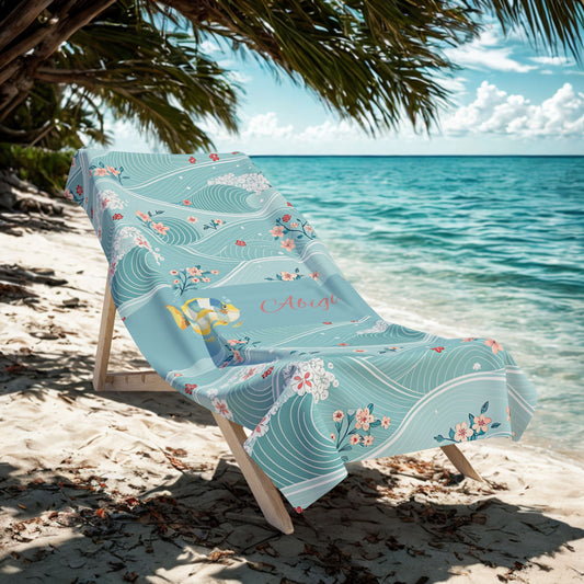 Personalized Aqua Waves Beach Towel — Floral Surf & Gold Fish Monogram
